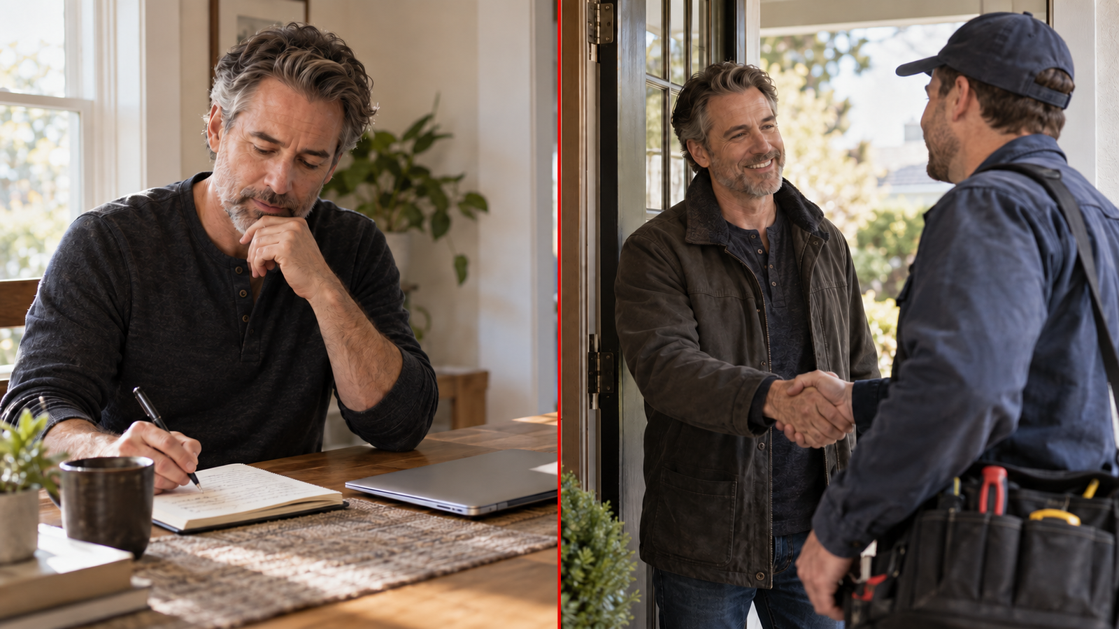 Homeowner researching at his kitchen table, then greeting a local service pro at his front door