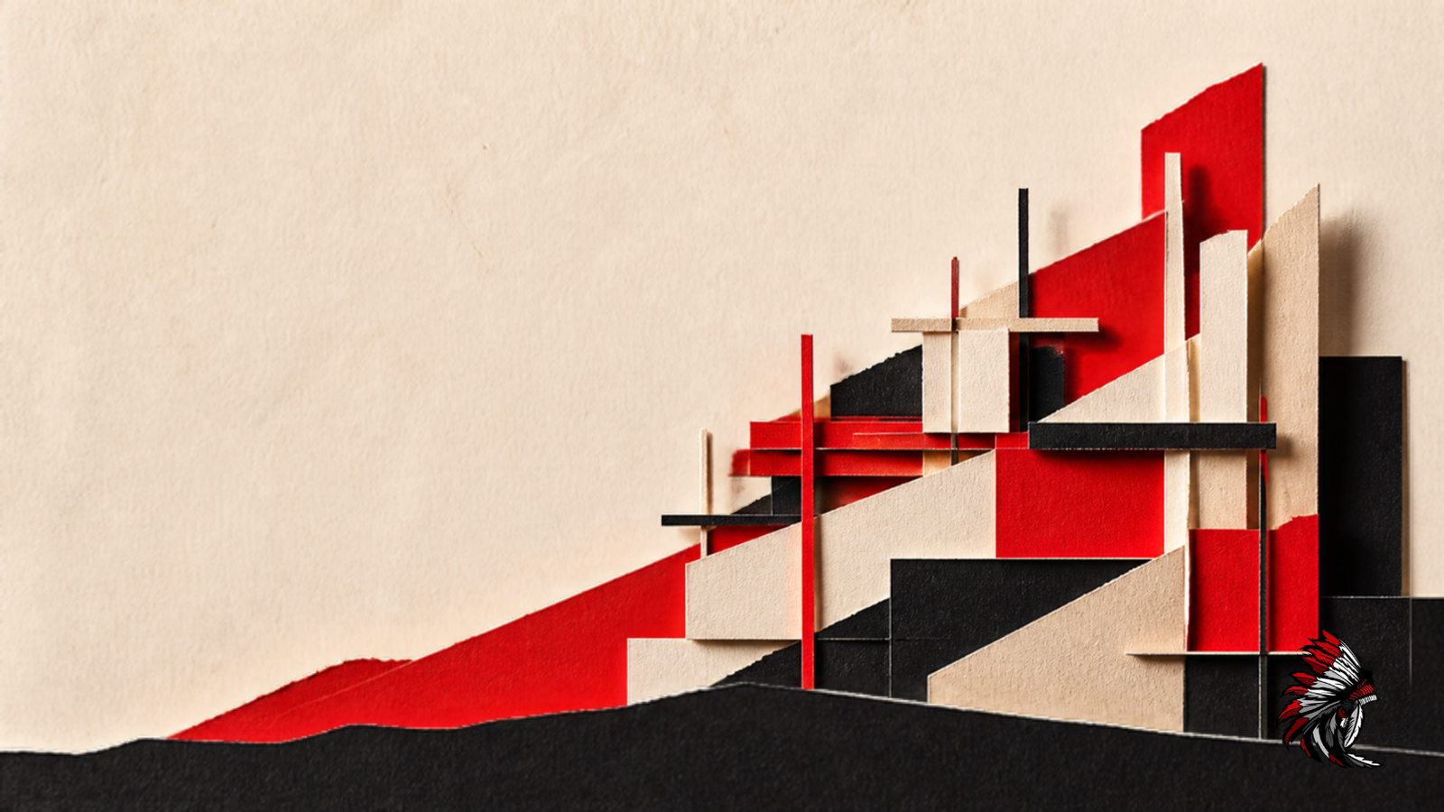 Layered cream, red and black paper shapes rise toward the upper right beside the Lonko Digital logo