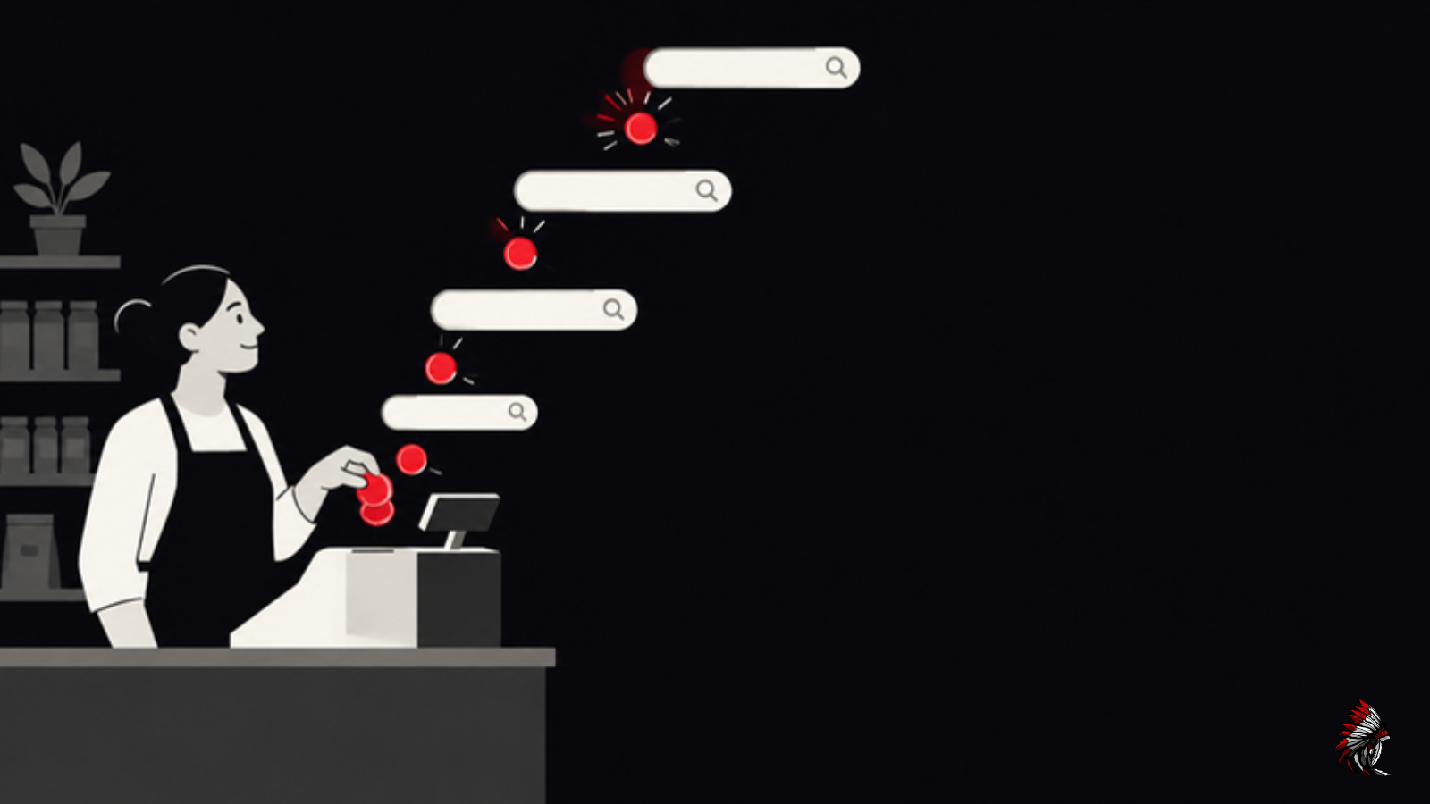 Shop owner at a register as red coins rise into search bars, illustrating what Google Ads costs
